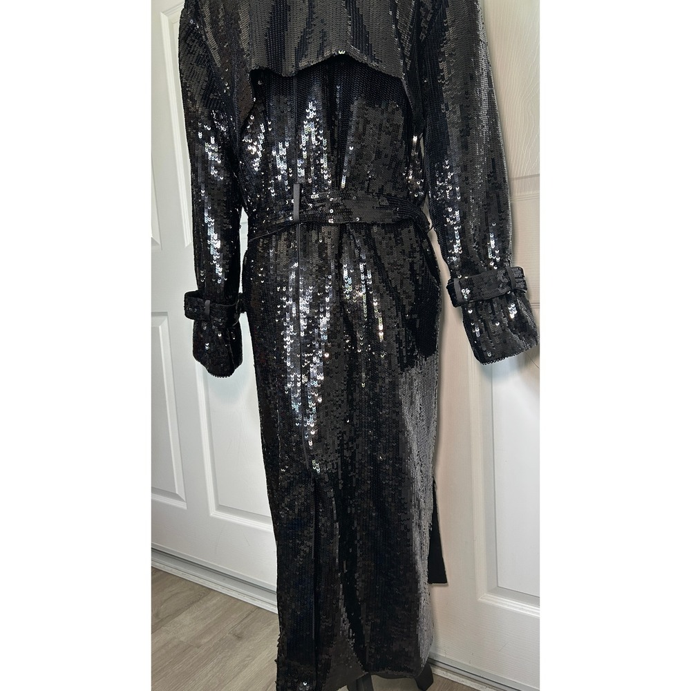 Alice+Olivia Sequin Trench Coat Maxi Long Black Belted Evening Jacket XL NWT - Picture 7 of 11